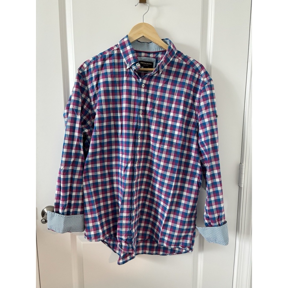Johnston & Murphy | Men's Button-Up Purple and Blue Check Cotton Shirt - Picture 8 of 8
